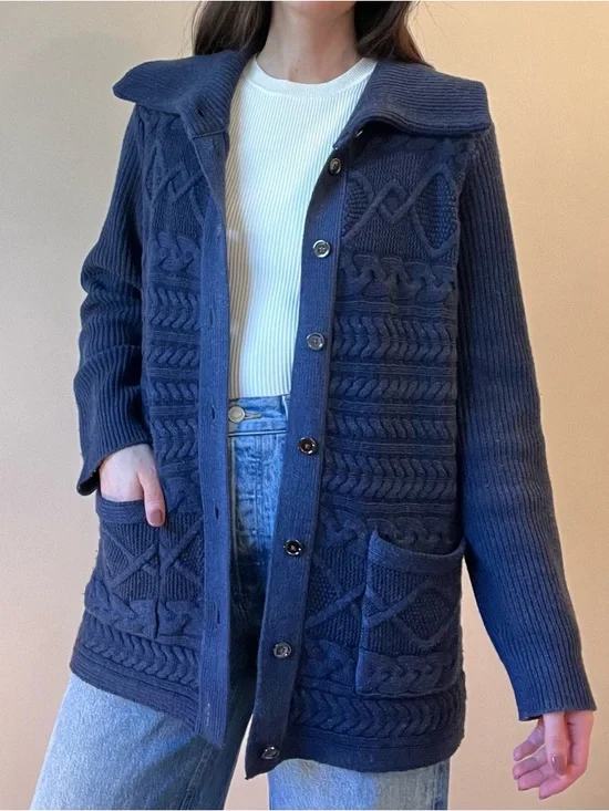 Nordstrom Collection Navy Cable Knit Cardigan Size L Sailor Collar Button-Up - Picture 1 of 7